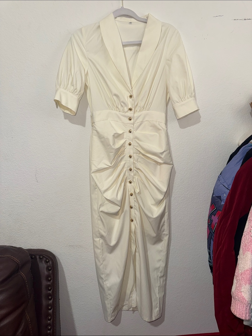 Ivory Ruched Button-Front Midi Dress